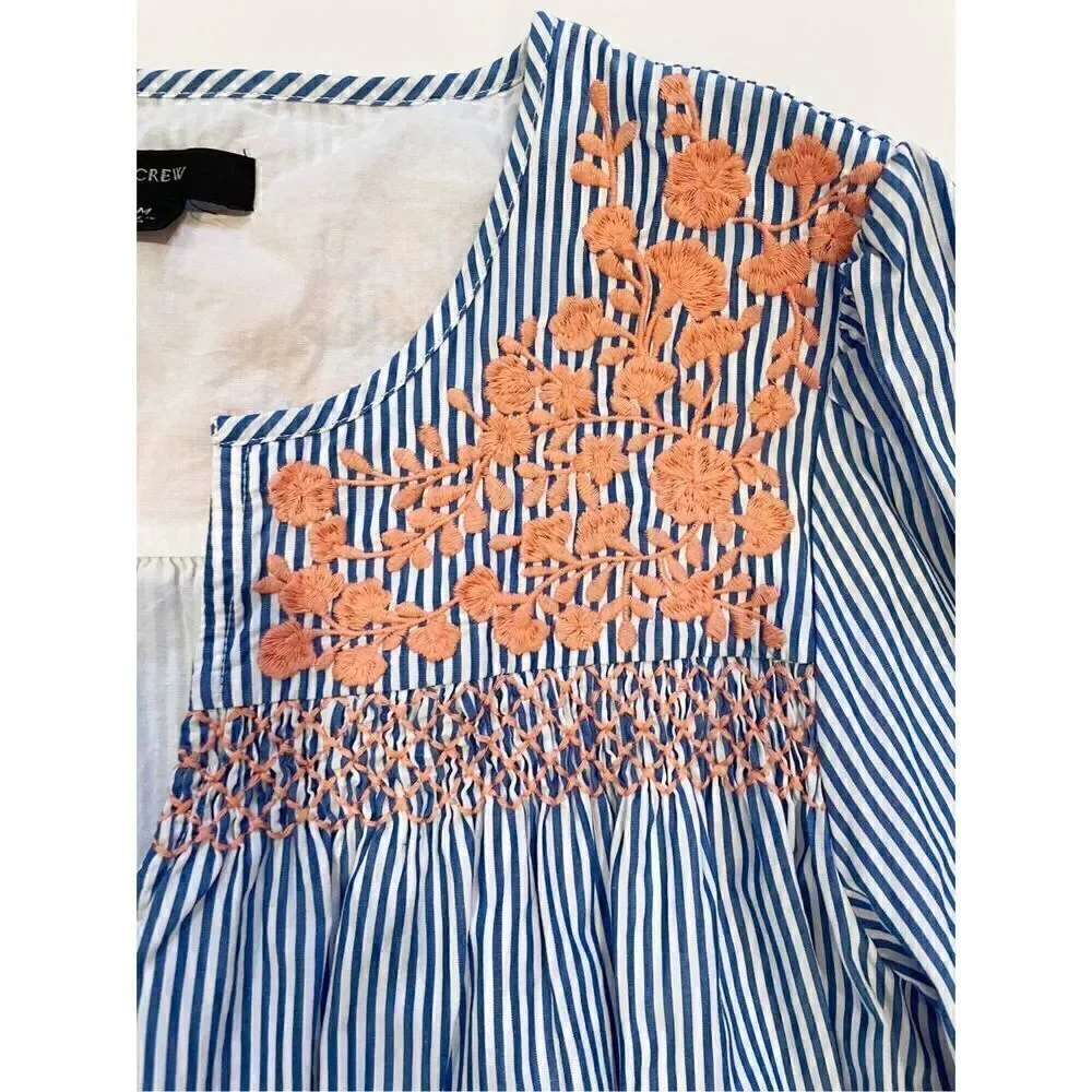 J. Crew Stripe Popover Dress Embroidered Size M Blue